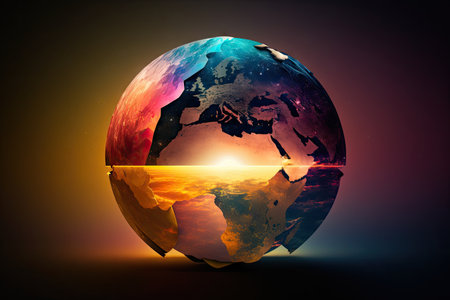a colorful sunrise over a globe, with rays of light illuminating different continents, created with generative aiの素材