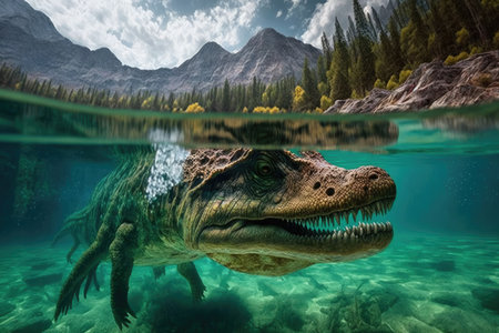 tyrannosaurus rex swimming in crystal-clear lake, created with generative aiの素材