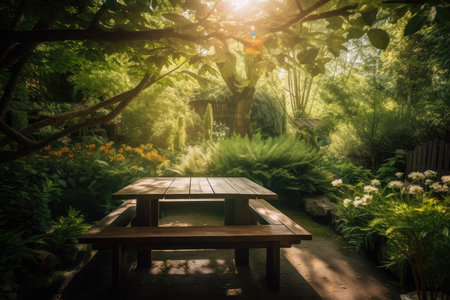 a wooden table surrounded by a lush garden, with sunlight streaming in, created with generative aiの素材