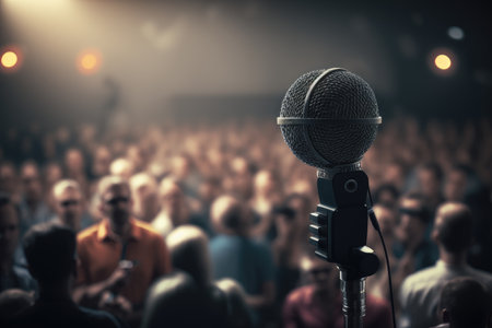 audio speaker with mic on stage, performing in front of live audience, created with generative aiの素材