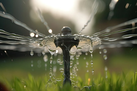 sprinkler system with water droplets flying through the air in slow motion, created with generative aiの素材