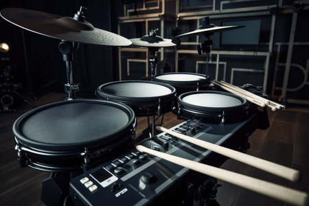 electronic drum setup with sticks and drums, ready to play, created with generative aiの素材