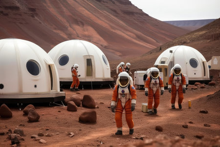 a crew of astronauts training for a mission to mars, with simulated gravity and environment, created with generative aiの素材