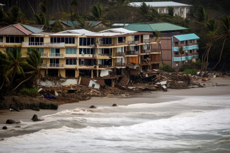 tsunami waves battering beachside hotels and resorts, causing massive damage to property and infrastructure, created with generative aiの素材