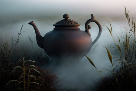 teapot in the foggy morning, surrounded by mist, created with generative aiの素材
