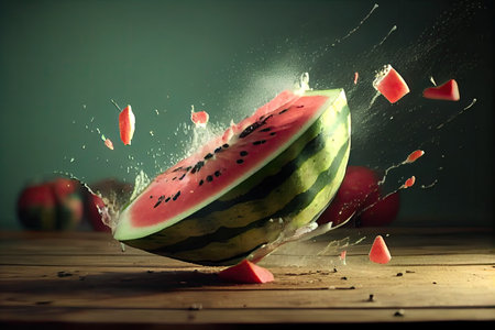 juicy watermelon slice flying through the air in slow motion, created with generative aiの素材