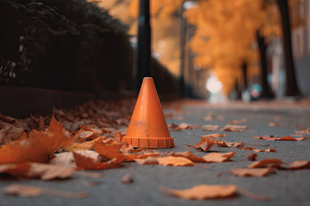 traffic cone on sidewalk surrounded by leaves, with view of autumn scene, created with generative aiの素材