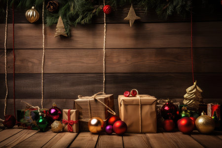 trs with hanging ornaments, gifts, and lights on a wooden background, created with generative aiの素材