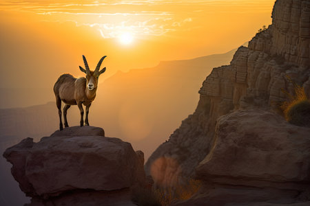 dramatic sunrise, with the sun peeking over the horizon, illuminating a cliffside ibex and its surrounds, created with generative aiの素材