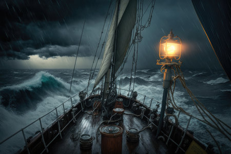 sea voyage sailing in a storm on deck against background of dark sky and falling rain, created with generative aiの素材