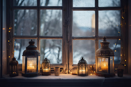 a window with twinkling lights and lanterns, against a snowy winter backdrop, created with generative aiの素材