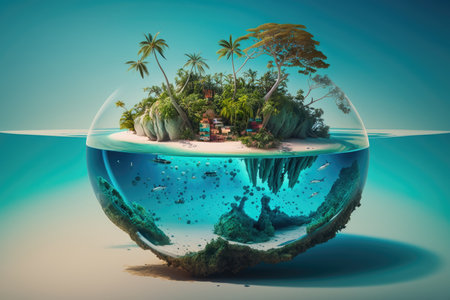 a surreal float island with a palm tree-lined beach and crystal-clear water, surrounded by the azure ocean, created with generative aiの素材