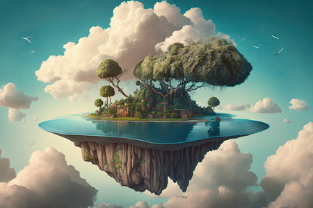 a surreal floating island with a blue sky and clouds in the background, surrounded by water., created with generative aiの素材