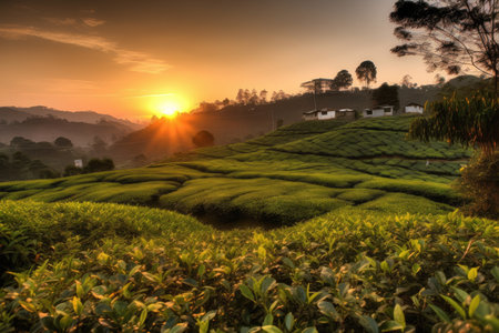 tea plantation sunset, with view of the horizon and the setting sun, created with generative aiの素材