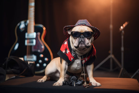 dog, sitting on stage with guitar and rock star outfit, ready for show, created with generative aiの素材