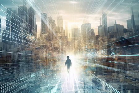 person, rushing through crowded cityscape, with glitchy view of digital world visible in the background, created with generative aiの素材