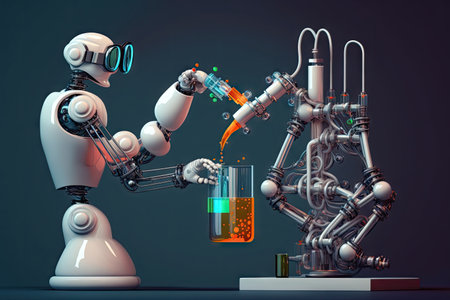 robot helping scientist with delicate experiment, using its mechanical arm to hold and mix test tubes, created with generative aiの素材