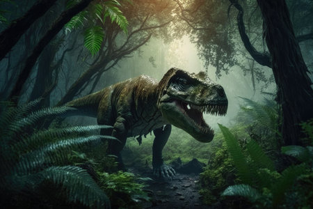 tyrannosaurus rex hunting in lush forest, with its prey in sight, created with generative aiの素材