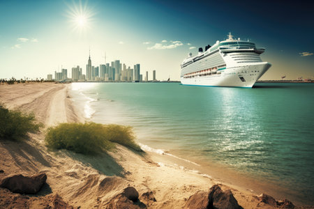 seashore with cruise liner in the distance and city skyline in the background, created with generative aiの素材