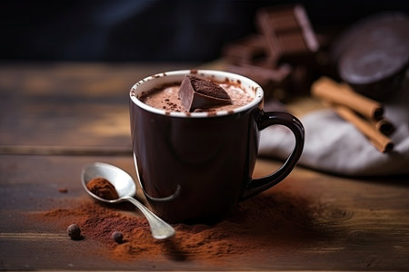 breakfast blend of hot chocolate and cocoa with cinnamon and nutmeg, served in mug, created with generative aiの素材