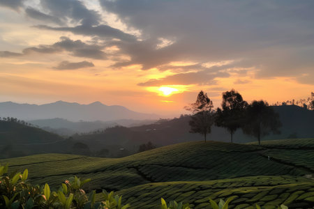 view of sunset over tea plantation, with silhouette of mountains in the background, created with generative aiの素材