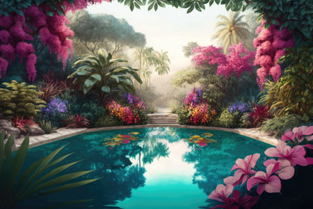 swimming pool with view of colorful and vibrant tropical garden, surrounded by lush greenery, created with generative aiの素材