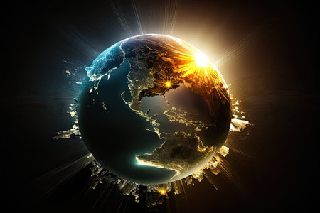 a sun rising over a globe of the world with rays illuminating different parts of the earth., created with generative aiの素材