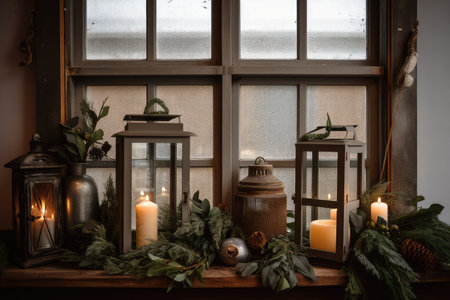 rustic window with lanterns and greenery for holiday decor, created with generative aiの素材