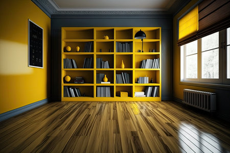 wooden floor with yellow varnish in interior of room with bookcases, created with generative aiの素材