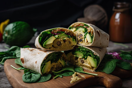 vegan wrap sandwich, with hummus, greens, and avocado, created with generative aiの素材