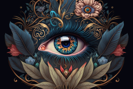 person, with evil eye surrounded by delicate floral designs, created with generative aiの素材