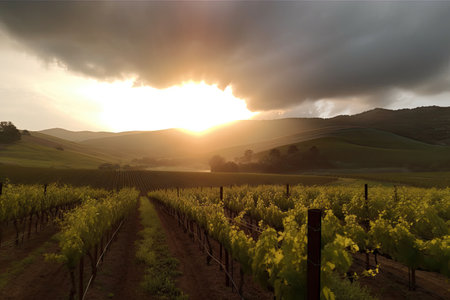 view of vineyard with sun setting over the rolling hills, breaking through the clouds, created with generative aiの素材