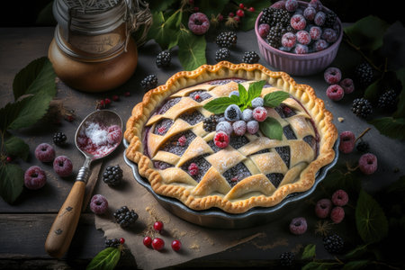 traditional german dessert tyrolean pie surrounded by fresh berries, created with generative aiの素材