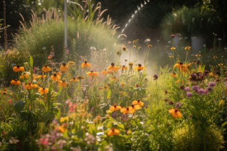 sprinkler watering lush garden, with bumblebees buzzing nearby, created with generative aiの素材