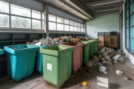 recycling center, with bins of various materials for sorting and recycling, created with generative aiの素材