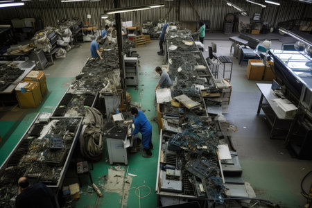 e-waste recycling facility, with employees disassembling and sorting various electronic devices, created with generative aiの素材