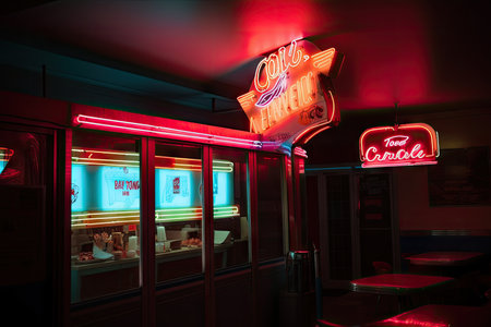 fast food restaurant with neon and retro signage, creating a fun and welcoming atmosphere, created with generative aiの素材