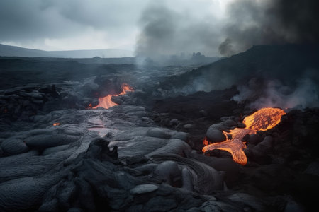 volcanic eruption with massive lava flow, creating new landscape, created with generative aiの素材