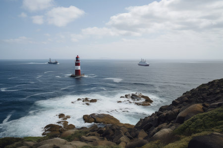 lighthouse, with view of the sea and a ship in the distance, created with generative aiの素材