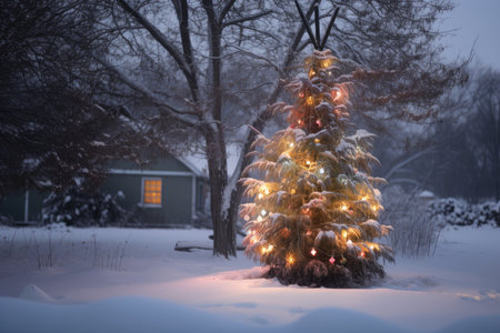 a snowy winter setting with a beautiful decorated tree in the background, created with generative aiの素材