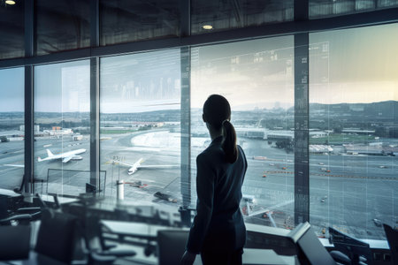 person, examining glitch in security system, with view of busy airport visible through the window, created with generative aiの素材