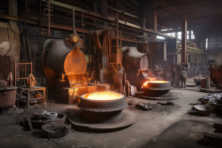 a foundry with a variety of metal products in various stages of production, created with generative aiの素材