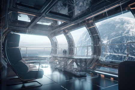 futuristic space habitat with transparent walls, showing off the view of outer space, created with generative aiの素材
