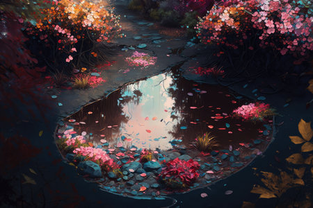 puddle surrounded by blooming flowers and colorful foliage, created with generative aiの素材