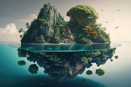 a surreal floating island in a tropical lagoon, surrounded by crystal-clear water and lush greenery., created with generative aiの素材