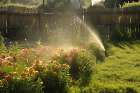 sprinkler spraying water onto blooming garden, with wooden fence in the background, created with generative aiの素材