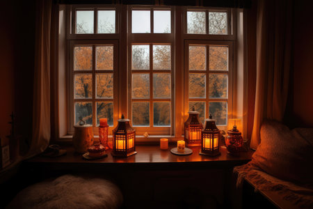 warm and cozy atmosphere, with a view of the window and lanterns, created with generative aiの素材