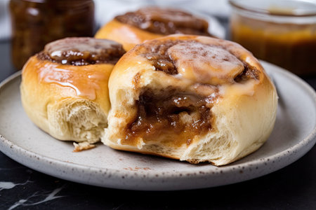 plate of rich and sweet cinnamon buns, with gooey filling and hints of spice, created with generative aiの素材