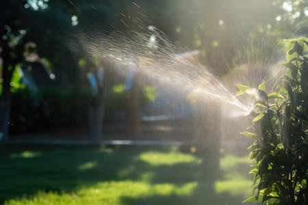 sprinkler system with a misting feature, providing a cool and refreshing effect on hot summer day, created with generative aiの素材
