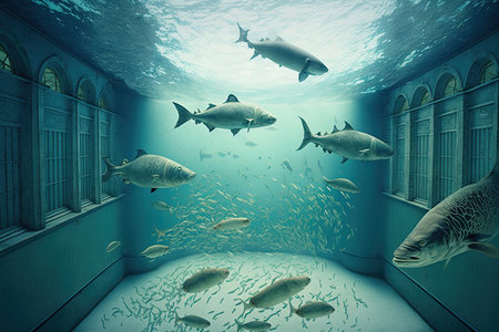 swimming pool with underwater view of schools of fish swimming past, created with generative aiの素材